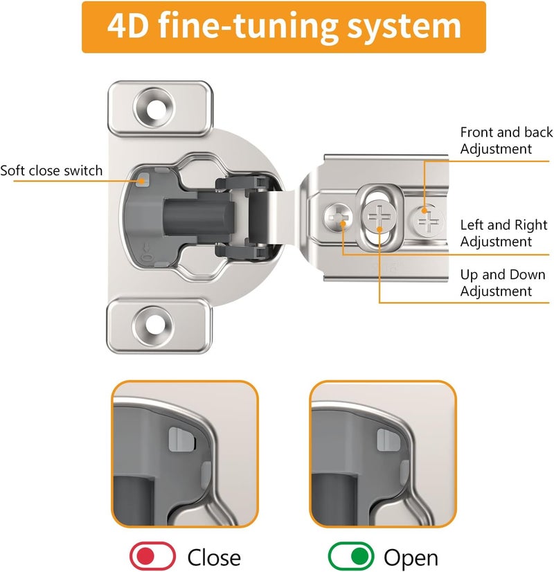 Chibery 10 Pack 9/16" Overlay 4D Concealed Hinges for Face Frame Door, Soft Close On/Off Switch, Self Closing, 105° Open Angle Concealed Stainless Steel Hinges for Framed Cabinet, Satin Nickel - Image 2